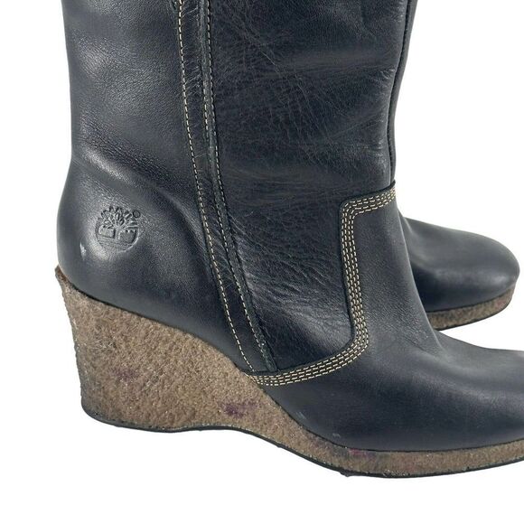 Timberland Monogram Tall Boots Faux Fur Lined Black Leather Size 9 Wedge Heel - Picture 4 of 13